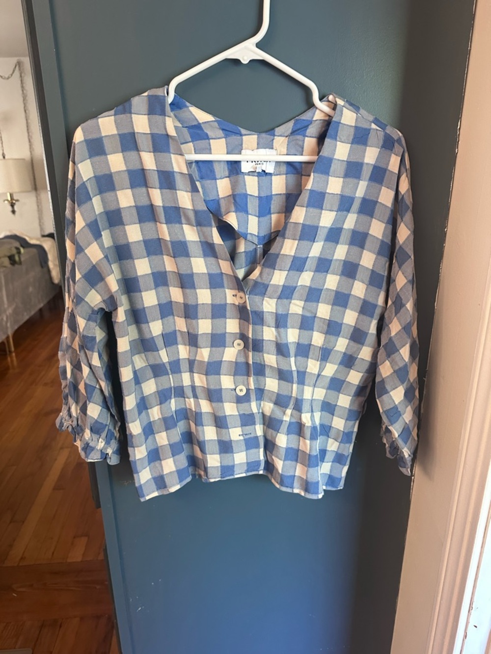 FRNCH Blue and White Gingham Button-Front Blouse